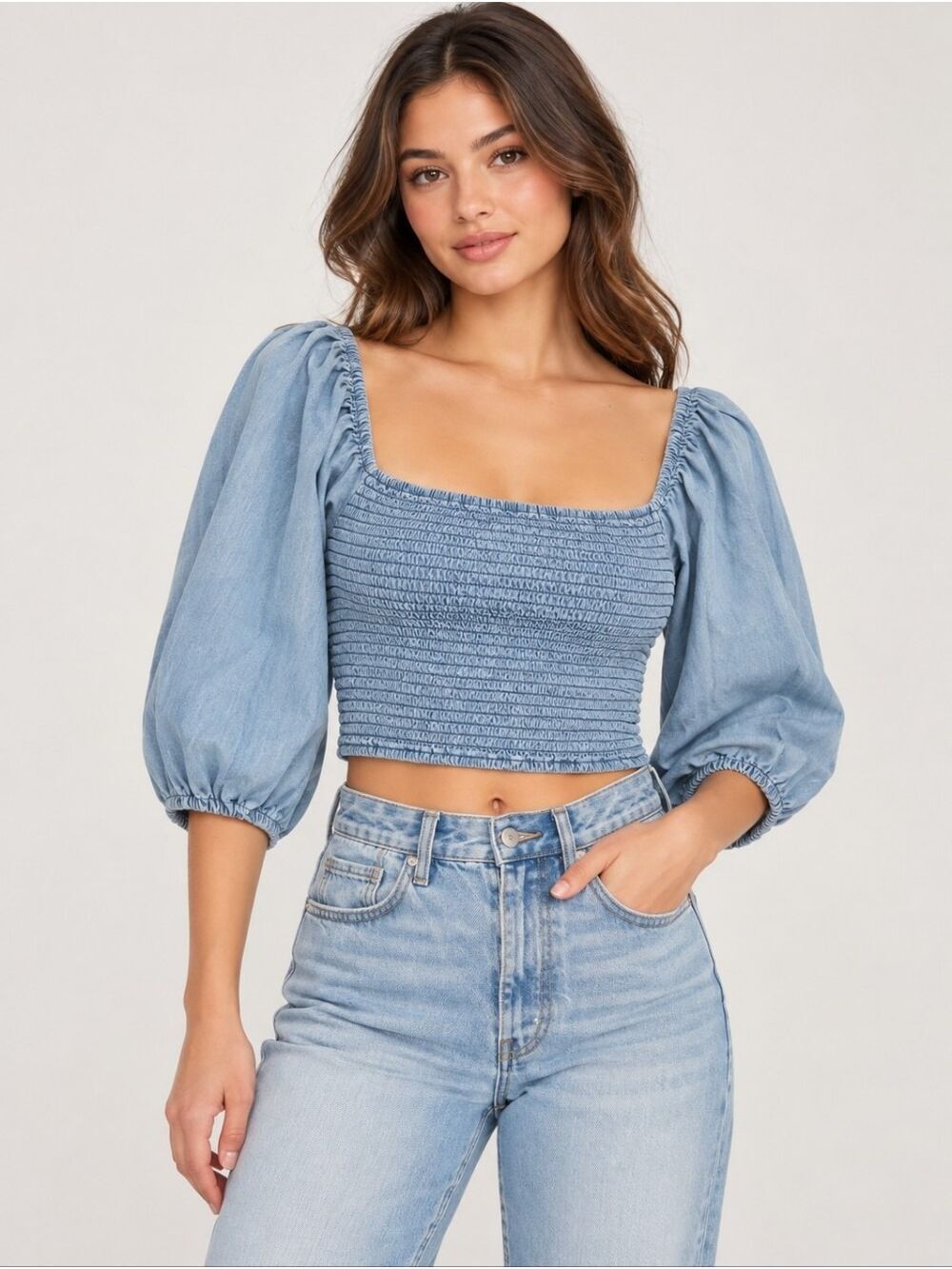 NWT Forever 21 Chambray Smocked Puff Sleeve Crop Top Size M